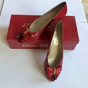 Salvatore Ferragamo Red Peep Toe Pumps